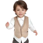 ست جلیقه و پیراهن و شلوار قهوه ای روشن طرح دار